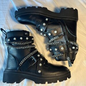 Zara black leather combat boots with pearls and chains